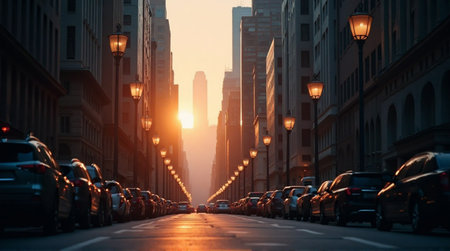 Stunning urban landscape at sunset with cars parked along the street lights in golden lightの素材