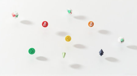 Various cryptocurrency symbols and geometric shapes floating against a clean white backgroundの素材