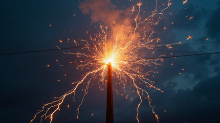 Dramatic electrical explosion on wooden utility pole against dark sky showcases power and danger at nightの素材