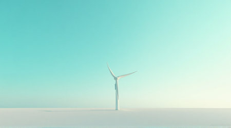 A minimalist image of a single, white wind turbine standing on a pristine, snow-covered plain against a soft, pastel-blue sky.の素材