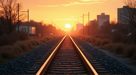 Stunning sunset over railway tracks leading toward city skyline, evoking feelings of travel and adventureの素材