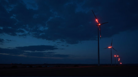 Stunning wind turbines glow with red lights against a dramatic twilight sky, symbolizing clean energy.の素材