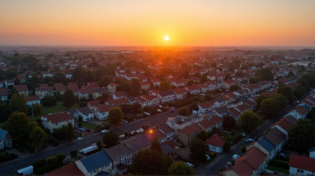 Breathtaking aerial view of a charming suburban neighborhood bathed in a warm, stunning sunset glowの素材