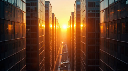 Stunning golden sunrise bathes modern city buildings with warm light and urban energy for a dynamic atmosphereの素材