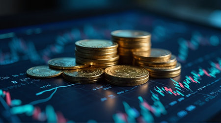 Gold coins stacked on a digital financial chart displaying stock market data with rising and falling trendsの素材