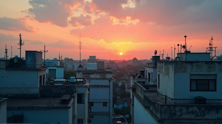 Stunning golden sunset casting beautiful light over rooftops in an urban cityscape at twilight hourの素材