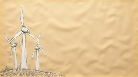 Sketch of wind turbines on a hill generating clean energy, evoking a sustainable futureの素材