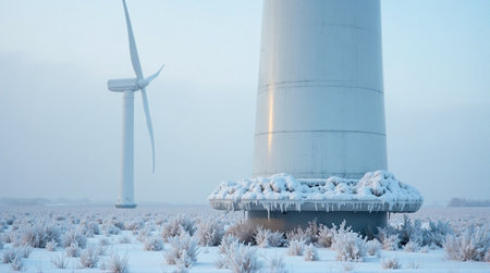 A serene winter landscape showcases a wind turbine nestled amongst frosty shrubs and a blanket of snow.の素材
