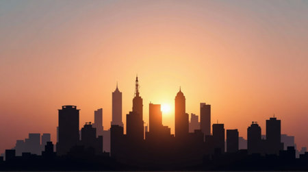 Stunning cityscape silhouette against vibrant sunset sky offers a modern urban backdrop for your creative projectsの素材