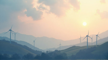 Serene landscape with wind turbines at sunrise, showcasing clean energy and natural beauty.の素材