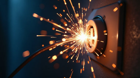 Dangerous electrical spark emitting from outlet suggests power surge or short circuit risk at homeの素材