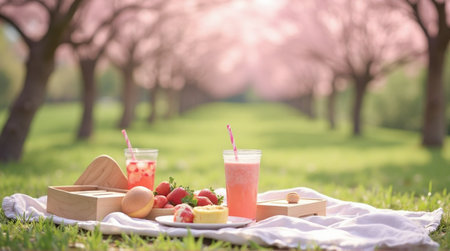 Enjoy a delightful spring picnic with fresh strawberries and refreshing drinks under blooming treesの素材