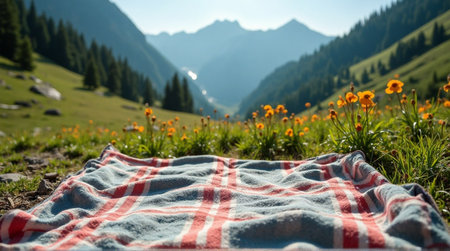 Stunning mountain valley picnic scene with wildflowers and a blanket inviting relaxation outdoorsの素材