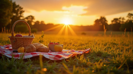 Golden hour picnic spread with woven basket and fresh fruit in sun-drenched meadow at sunsetの素材