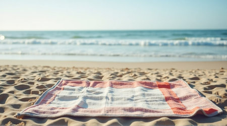 Relaxing beach scene with a striped towel laid out on the sand, gentle waves in the backgroundの素材
