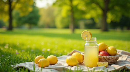 Refreshing lemonade and fresh lemons enjoyed on a sunny day in a beautiful park picnic settingの素材
