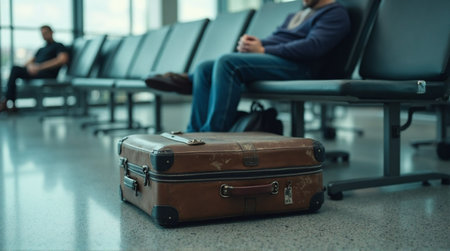 Traveler patiently waits with vintage suitcase in modern airport lounge, anticipating journey.の素材