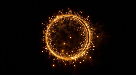 Golden ring of sparks explodes outward against a dark night sky creating a dazzling spectacleの素材