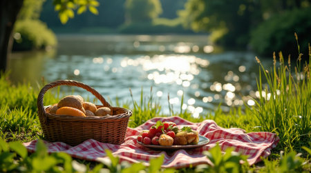 Enjoy a delightful summer picnic by the serene lake with fresh bread and berriesの素材