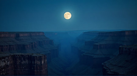 Stunning full moon over majestic canyon landscape at twilight creating a tranquil, inspirational sceneの素材