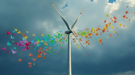 A captivating image of a wind turbine against a dramatic sky.の素材