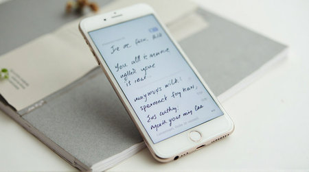 Mobile phone displays handwritten notes resting upon a notebook on a clean white surfaceの素材