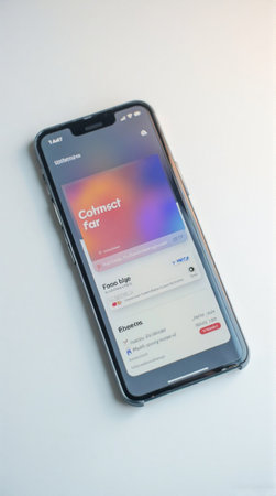Mobile phone showing an app on a white surface displays modern technology and interface design, showcasing user interaction.の素材
