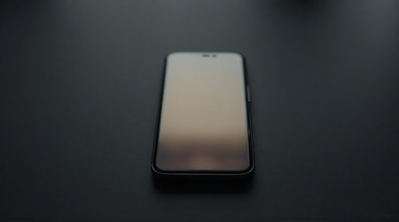 Minimalist mobile phone on dark surface conveys modern technology and seamless connectivity for global communication.の素材