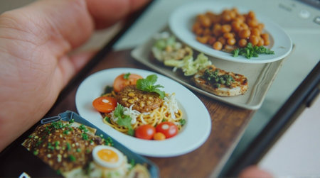 Delicious cuisine displayed on a smartphone screen shows healthy lifestyle choices and culinary delights, capturing flavorful meals.の素材