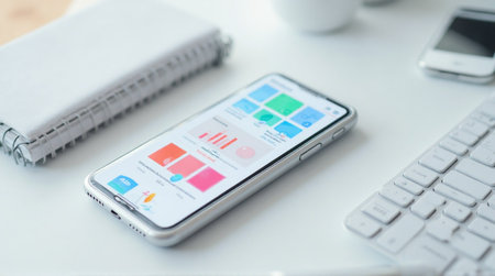Smartphone displays business dashboard application on white desk with keyboard and notebook for professional work.の素材