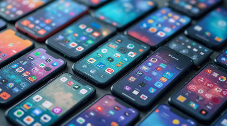 Smart devices displayed show an array of application icons on their touchscreens, illustrating modern tech and mobile interfaces.の素材