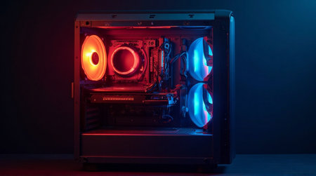 Close-up of a PC case interior, showcasing intricate components bathed in vibrant red and blue RGB lighting.の素材