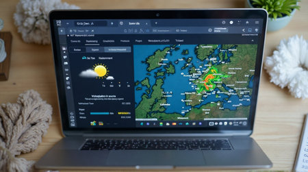 A laptop computer is open, displaying a weather app showing a detailed map of Europe with a storm system highlighted.の素材