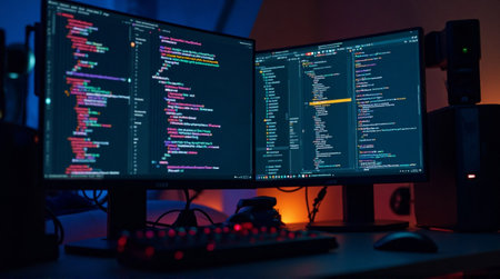 Two computer monitors illuminated with colorful lines of code are the central focus of this dark, well-lit workspace.の素材