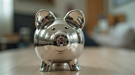Shiny silver piggy bank sits on a wooden surface with a soft focus background reflecting light.の素材