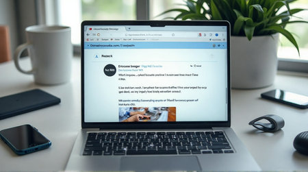 A close-up view of a laptop displaying a social media post, likely on Twitter.の素材