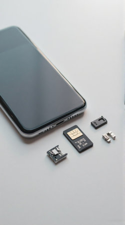 High-angle, flat lay view of various components used in a smartphone, including a smartphone, a SIM card, and a microSD card.の素材