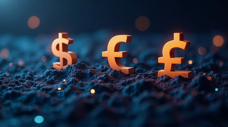 Golden currency symbols dollar euro pound on textured surface with bokeh lightsの素材