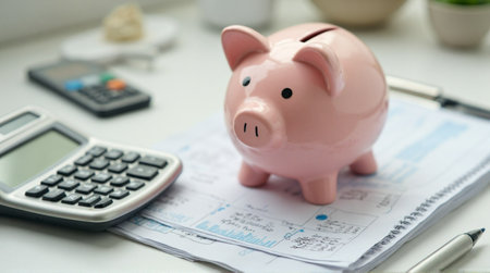 Pink piggy bank sits on financial documents next to calculators and pen, symbolizing savings and investmentの素材