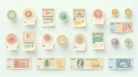 Vintage currency collection with historical motifs and seals arranged on a light background.の素材