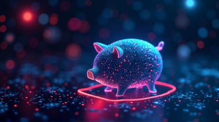 Digital piggy bank glowing with neon lights on a dark futuristic background with bokeh effectsの素材