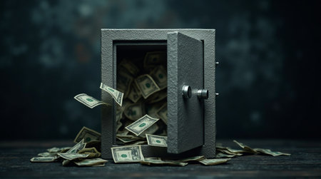 An open safe overflowing with US dollar bills, some floating outの素材