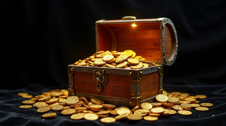Open wooden treasure chest overflowing with golden coins scattered on dark fabric backgroundの素材