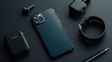Modern lifestyle featuring a smartphone, smartwatch, and wireless earbuds with minimalist design elements on a dark surfaceの素材