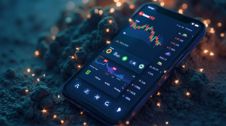 Modern smartphone displays a finance application with stock market data and cryptocurrency information for the savvy investor.の素材