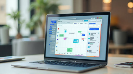 Modern laptop displaying project management software on a bright office deskの素材