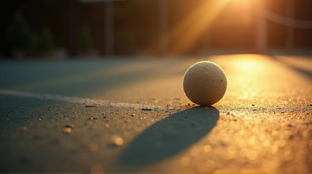 Golden hour tennis ball rests on sunlit court ready for a competitive athletic match outside sportの素材
