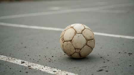 Classic soccer ball rests on a weathered court ready for spirited play and athletic competition todayの素材