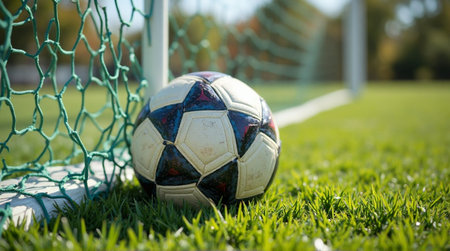 Classic soccer ball nestled in the goal net ready for an exciting match on a sunny fieldの素材