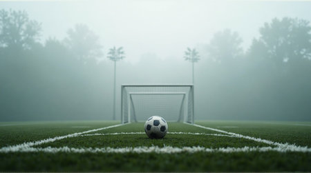 Dramatic soccer ball on foggy field encourages athletic spirit and team building under misty skyの素材